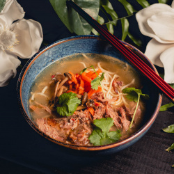 Švelnaus skonio antienos sriuba su hoisin padažu, makaronais, cinamonu ir aštriomis morkytėmis